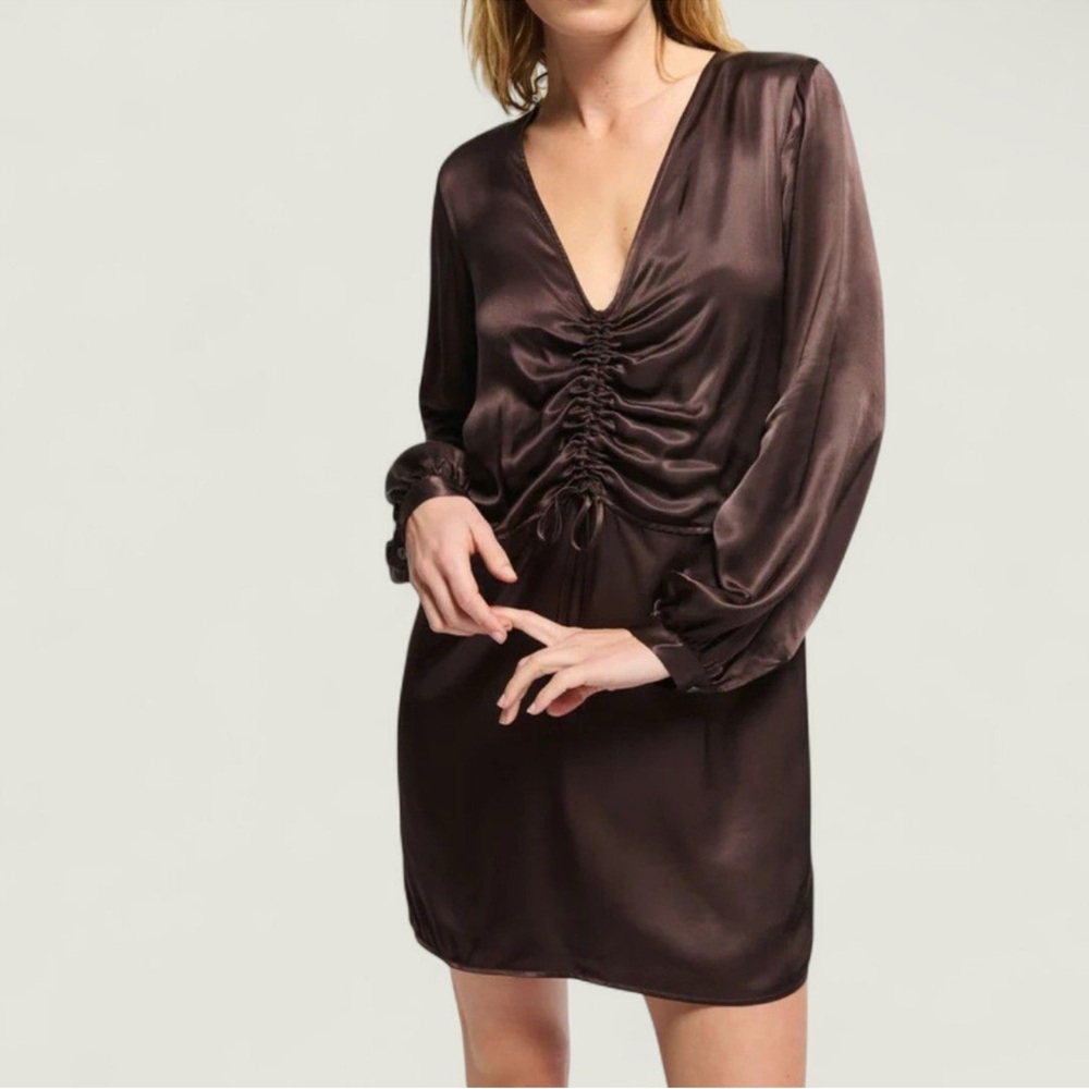 Nation LTD Cora Coffee Brown Satin Ruched Mini Dress Long Sleeve NWT M